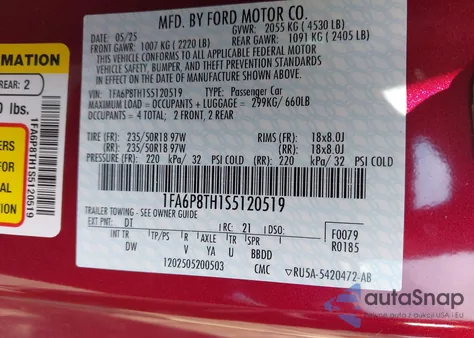 2025 Ford Mustang Ecoboost Fastback z USA, uszkodzony, nr VIN 1FA6P8TH1S5120519